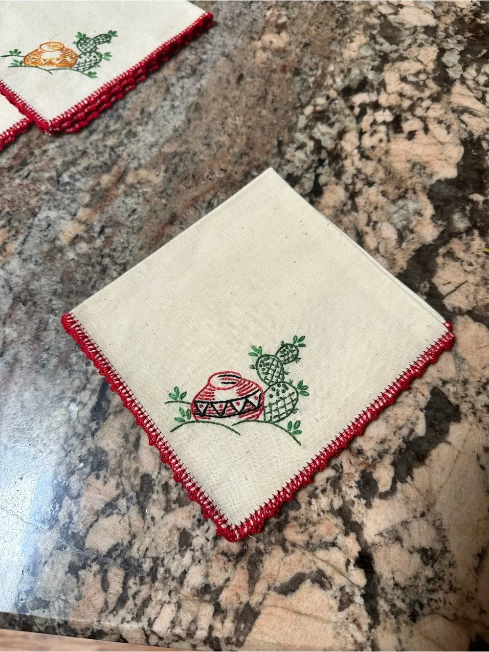 Embroidered Cactus Napkin Set with Red Crochet Edge